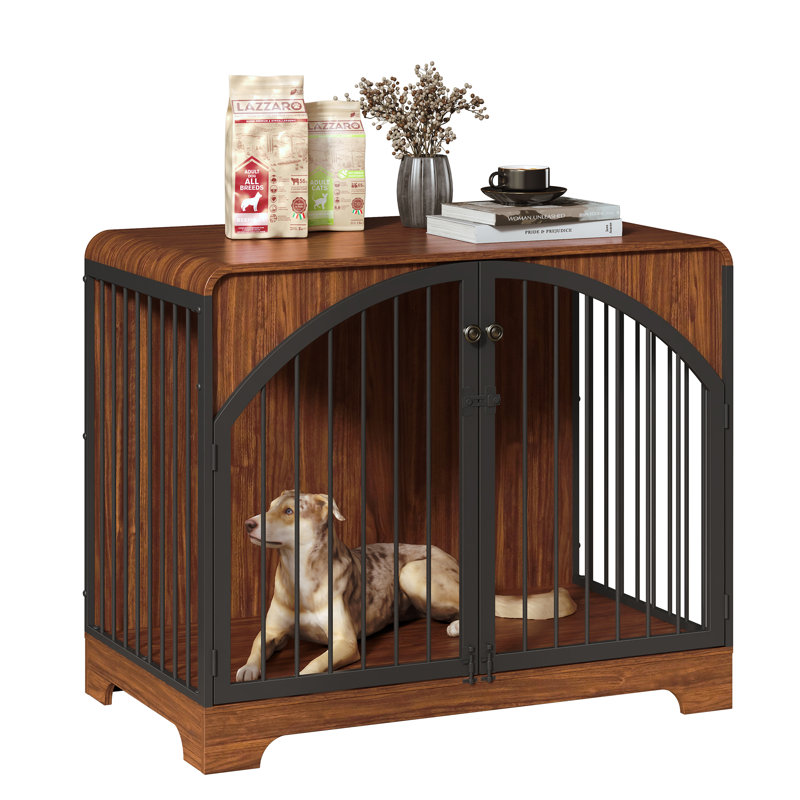 Mobilier de caisse pour chien de ferme de 40 po, table de bout intérieure en bois pour chenil pour chiens de grande / moyenne taille, maisonnette décorative avec barres en métal arquées, brun rétro