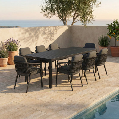9 Pieces Aluminum Outdoor Patio Dining Set With 106.3" Expandable Table And 8 Rope Chairs With Cushions