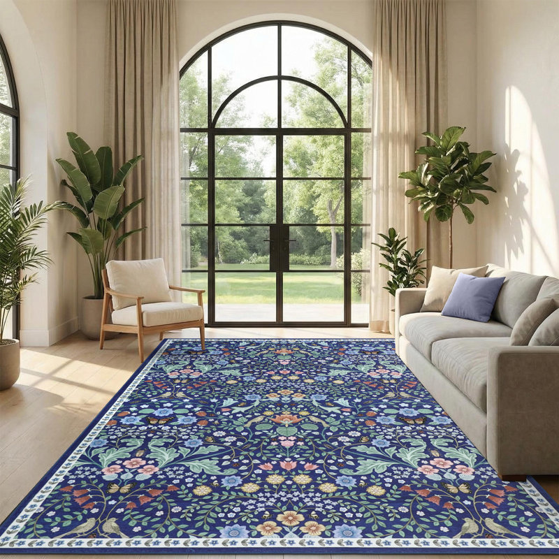 Vintage Floral Area Rug, Non-Slip Washable Low-Pile Botanical Print Stain Resistant Foldable Carpet for Living Room, Bedroom, Kitchen, Hallway