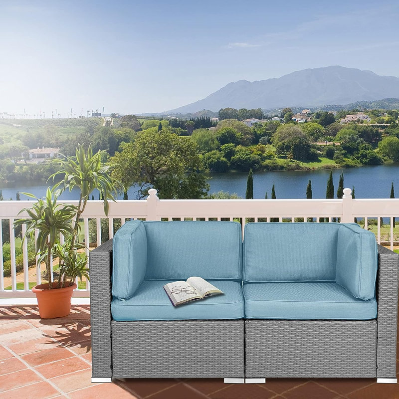 Rister 59'' Wide Wicker with Cushions, Light Blue
