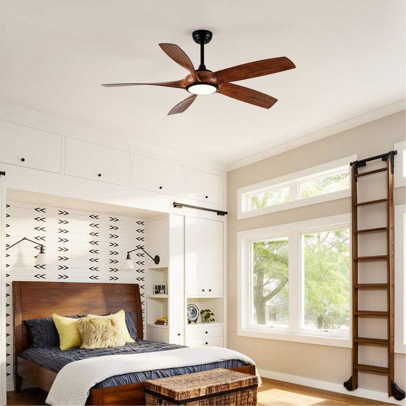 Ventilateur de plafond de 56 pouces à 5 pales en ABS avec ensemble de 3 lumières DEL de couleur, DC 6 vitesses, ventilateur de plafond à télécommande pour patio, salon, chambre à coucher, bureau, intérieur (noir mat + bois)