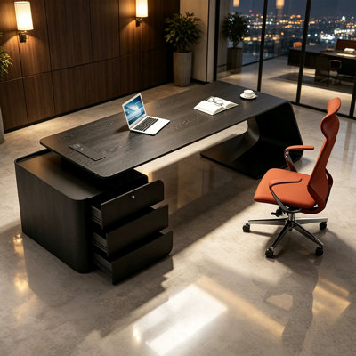 62.99" Modern Minimalist Multi-Layer Solid Wood Executive Desk – Integrated Curved Large Legs, Drawer Storage Cabinet, Embedded Socket, Grand Executiv
