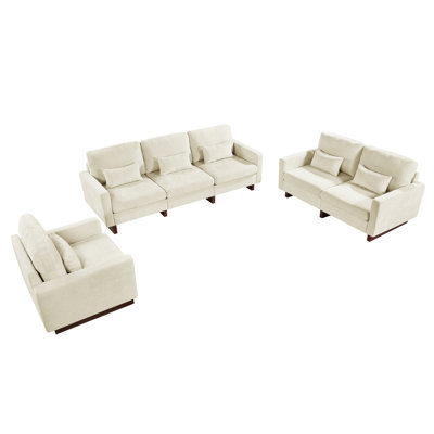 Ensemble de salon 3 pièces - Canapé, causeuse et chaise en chenille avec pieds en bois - (3 + 2 + 1)