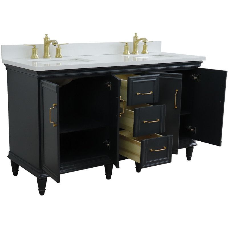 Ensemble de meuble-lavabo de salle de bain double 61" laurell hill, Forme rectangulaire, Gris foncé, Quartz blanc