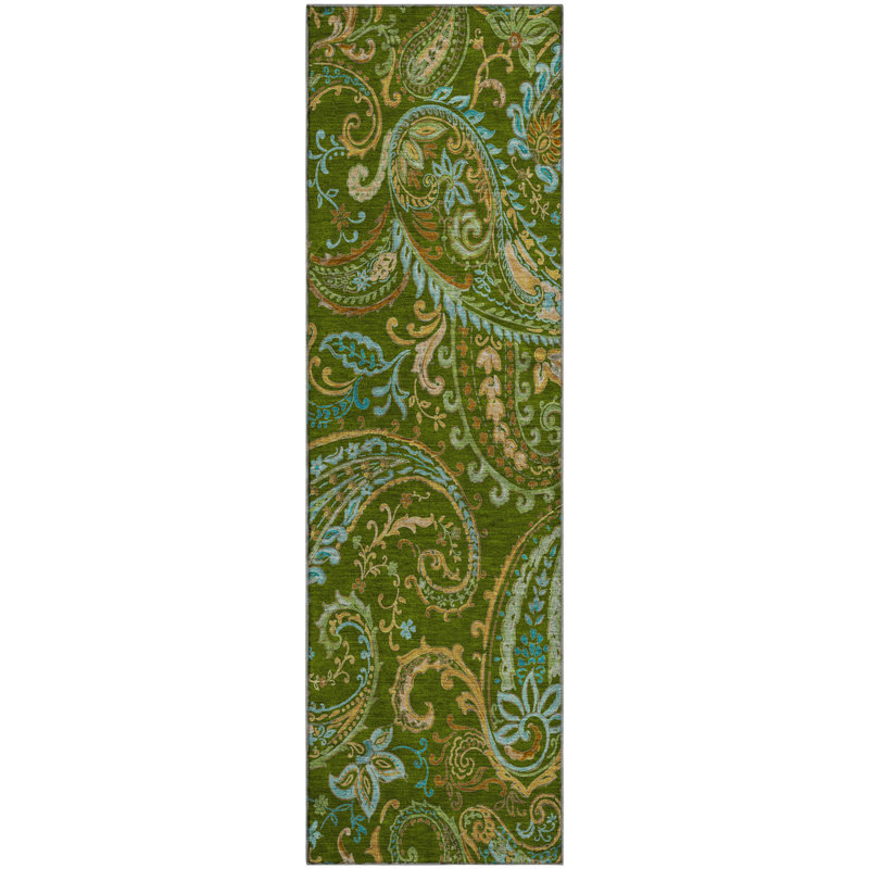 Premium Machine Washable Cerrito AMF533 Green Rug, Runner 2'3" x 7'6"
