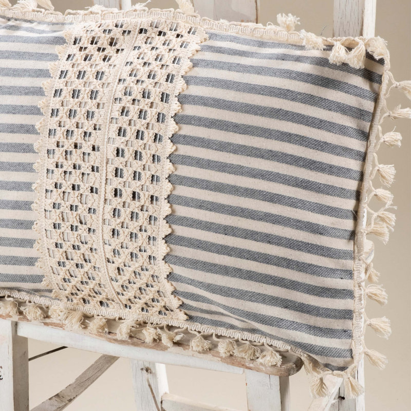Arrowpoint Striped White Rectangular Throw Pillow Cover, Cream/Grey