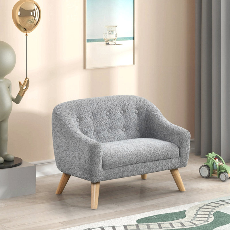 Chenille Upholstered Kids Sofa With Tufted Back And Wooden Legs, Grey