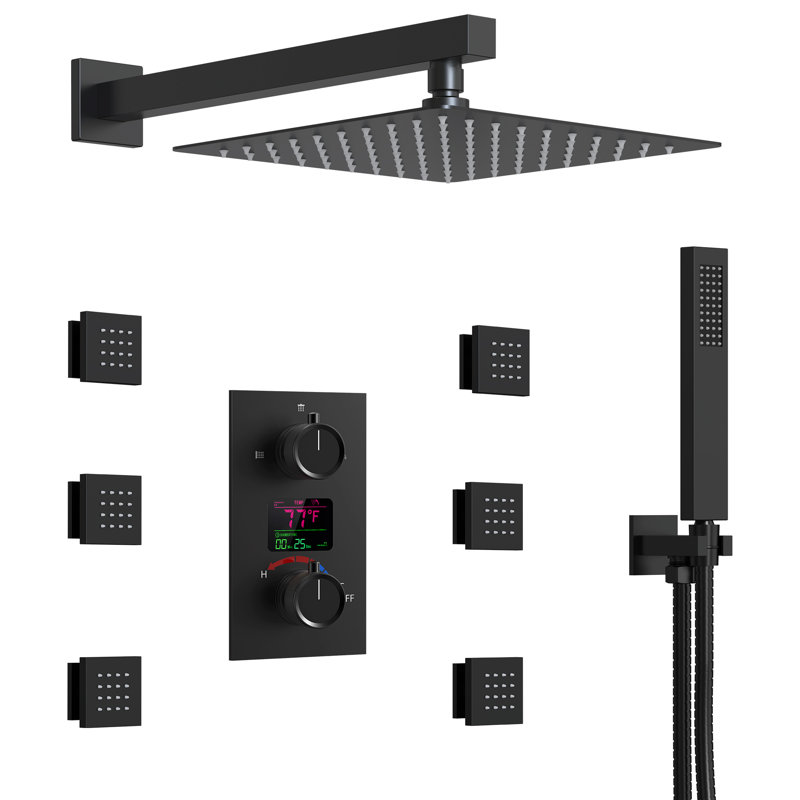 Système de douche mural numérique, pomme de douche à pluie haute pression 12 "avec douche à main, Noir mat