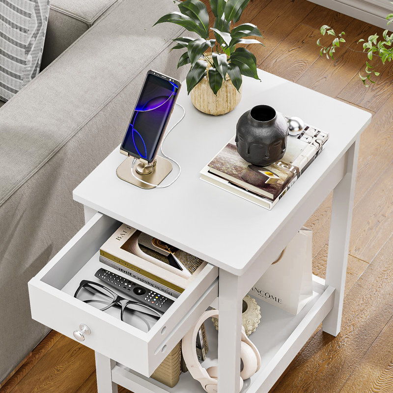 Table de bout de 23,6 po de hauteur avec tiroir et tablette de rangement ouverte, table d'appoint étroite avec tiroir et tablette pour les petits espaces