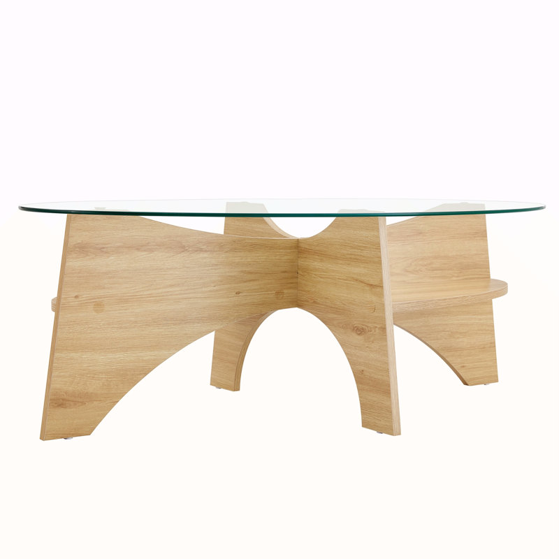 Oval Tempered Glass Coffee Table, Natural Wood