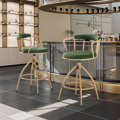 Ensemble de 2 tabourets de bar pivotants verts avec siège en toile de jute et pieds en fer thermolaqué