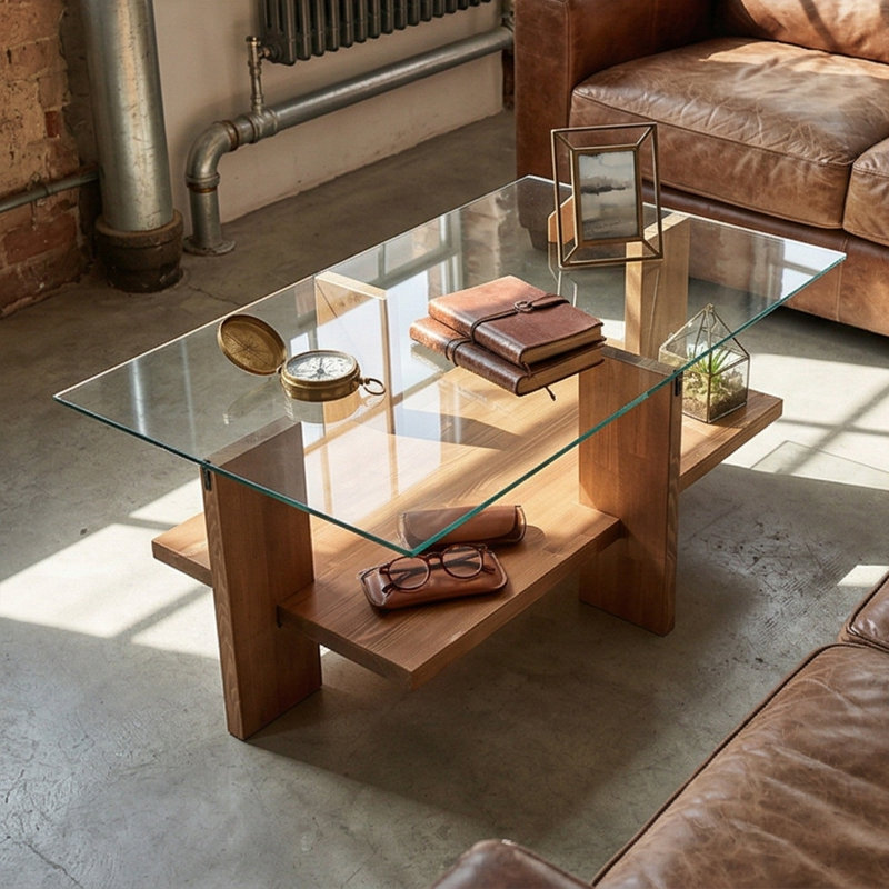 Table basse rectangulaire en bois massif avec verre trempé Aurelius