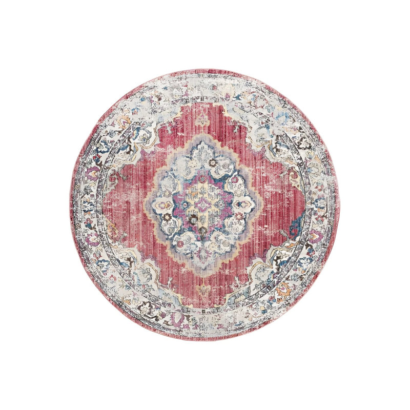 Red Themed Multicolored Traditional Motif Patterned Woven Base Round Decorative Carpet, Round 3'4"