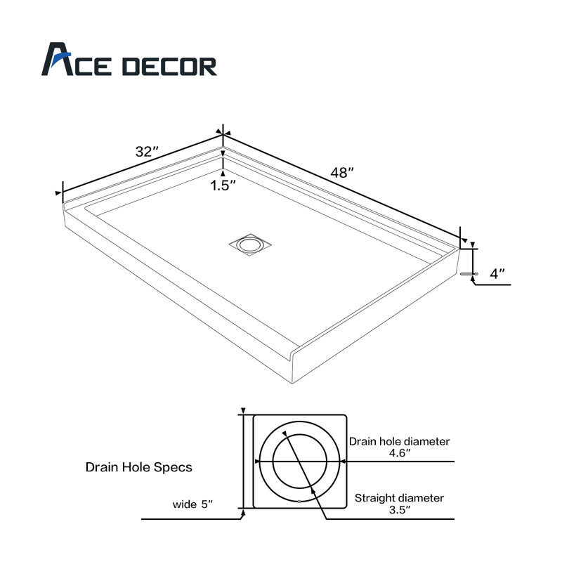 48" L X 32" W X 4" H Square Single Threshold Shower Base With Center Drain, Slip Resistant Textured Surface Shower Pan For Bathroom, White