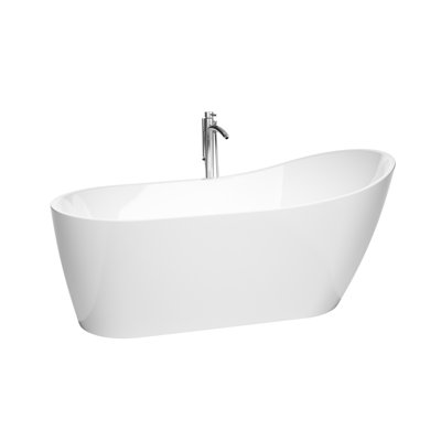 Davia 67 Inch Soaking Bathtub in White, Polished Chrome Trim, and Polished Chrome Floor Mounted Faucet