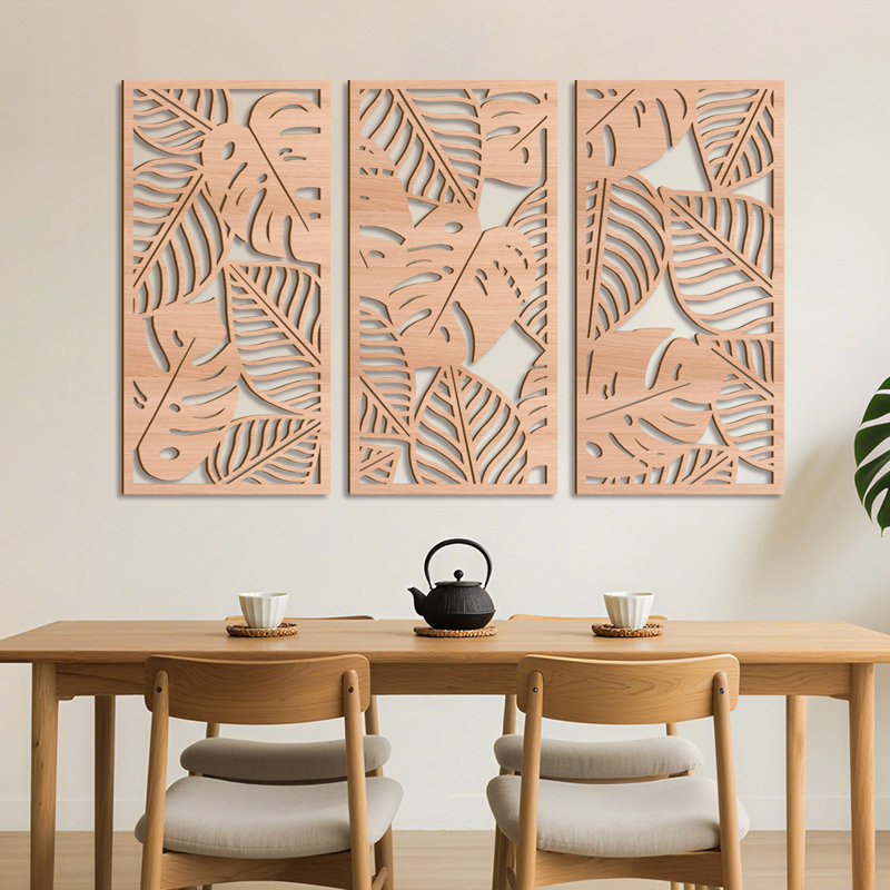 Boho Palm Leaves Hollow Cut Wall Art, Tropical Leaf Wood Wall Decor, Beige Monstera Plant Wall Sculptures For Living Room Bedroom Dining Room, Set Of 3 Each 16x32 Inch Thoughtful Gift Ideas