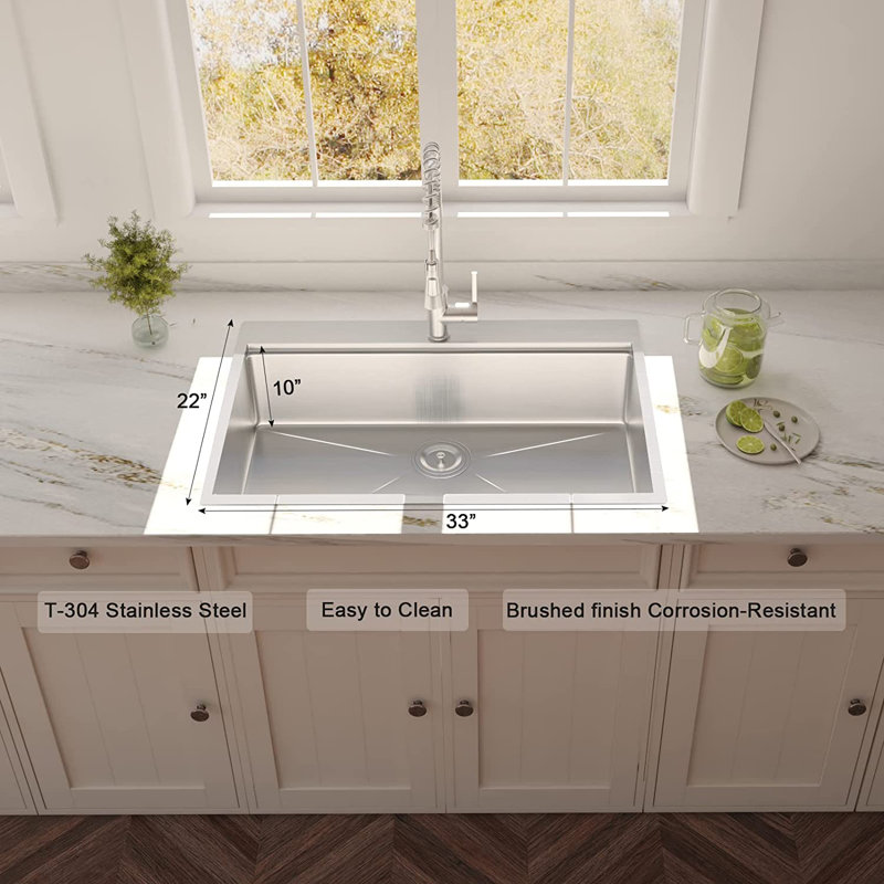 33'' L Single Bowl Stainless Steel Kitchen Sink, Stainless Steel, 18-Gauge