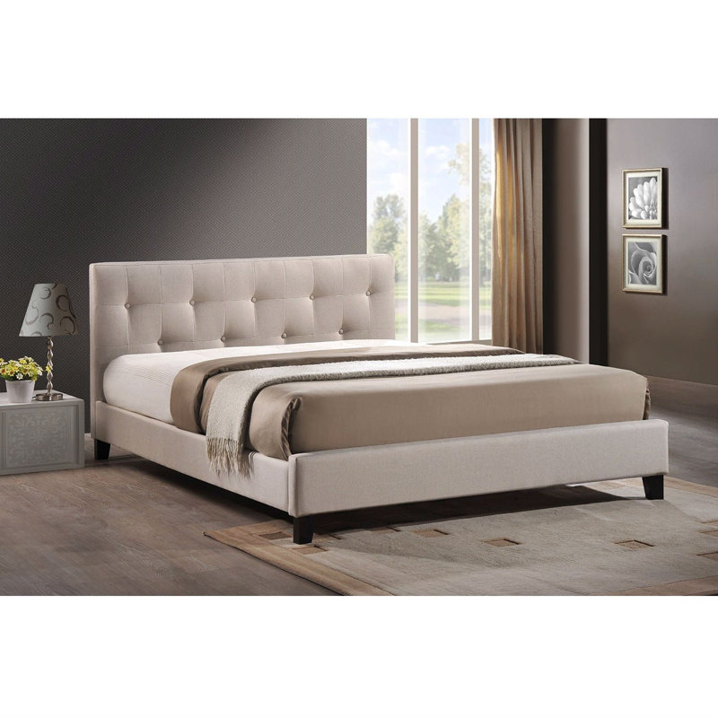 Lit tapissier double capitonné, Double, Beige clair