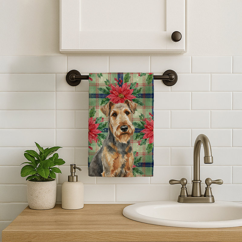 Grizzle Airedale Terrier Christmas PoinsettIas Kitchen Towel, Black/Brown Grizzle Airedale Terrier