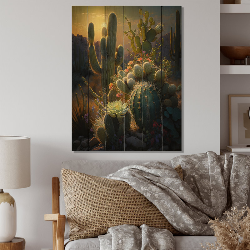 Cactus dans le désert III - impression sur bois sans cadre, H 20 po x l 12 po x P 1 po