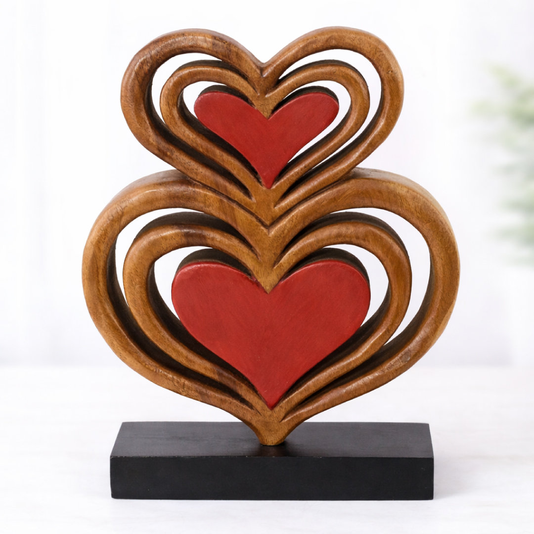 Deanette Twin Hearts Handmade Sculpture Warm Brown and Red 10"x5" Acacia Wooden Sculpture for Home Decor The Holiday Aisle®