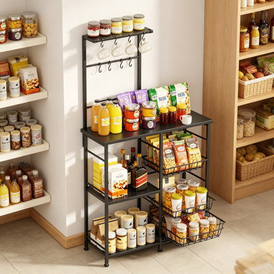 Bakers Rack with Storage, Coffee Bar Cabinet with Shelves and Baskets, Kitchen Stand with 8 Hooks, Adjustable Feet for Kitchen Dining Room Pantry, Black