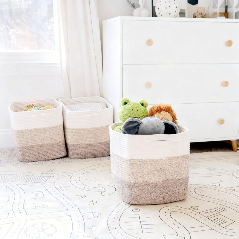 Cotton Rope Storage Cube Bins 3-Pack | Woven Organizer Baskets With Reinforced Handles | Shelf Inserts For Toys, Clothes, And Home Organization