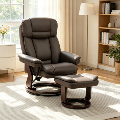 Ensemble de fauteuils inclinables modernes, fauteuil pivotant à 360° en cuir PU brun foncé avec repose-pieds