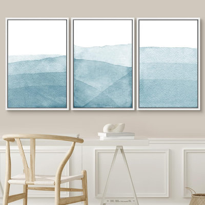 Minimal Landscape Watercolor Blue Wash Brushstroke Abstract Minimalist Picture Framed Canvas 3 Pieces Print Wall Art
