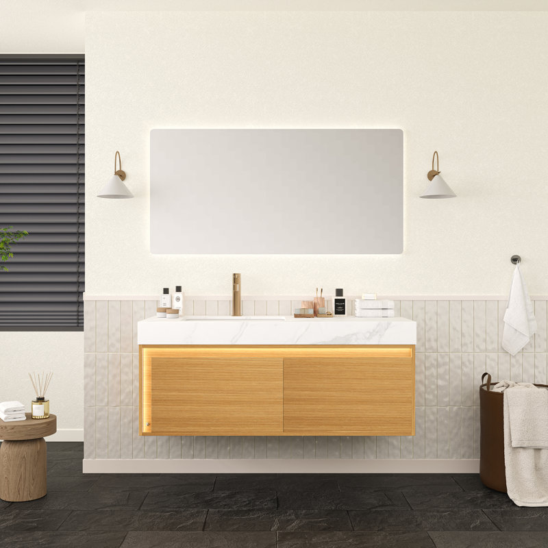 Meuble-lavabo flottant 48 po avec lavabo 48 po | Tiroirs sans poignée et capteur de lumière - Armoire de rangement moderne pour salle de bain