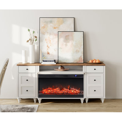 Buffet avec 2 tiroirs et 2 portes, style grain de bois rétro, armoire buffet avec station de charge, café avec foyer électrique de 36 po, blanc, 70 po