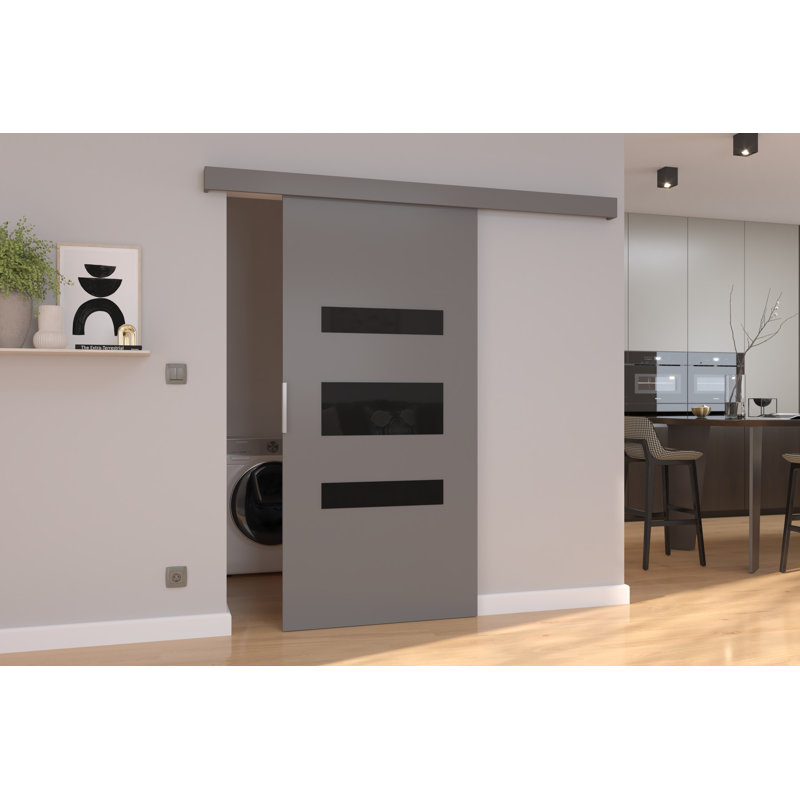 Lize Sliding Door White and Black, Grey, 205cm H x 76cm W x 1.6cm D