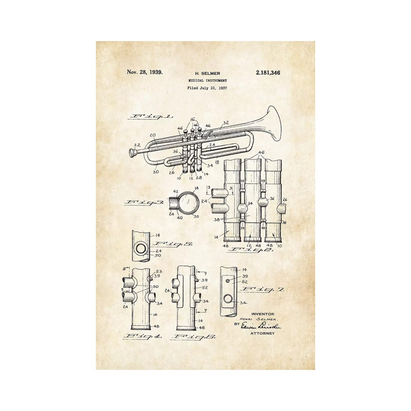Trompette (1939) par Patents77 - Reproduction de dessin sur toile tendue, H 18 po x l 12 po x 1,5 po