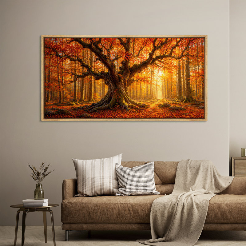 «Golden Autumn Forest Giant Tree Nature Landscape», grand art mural sur toile encadrée, H 30 po x l 60 po x P 1,5 po, Naturel