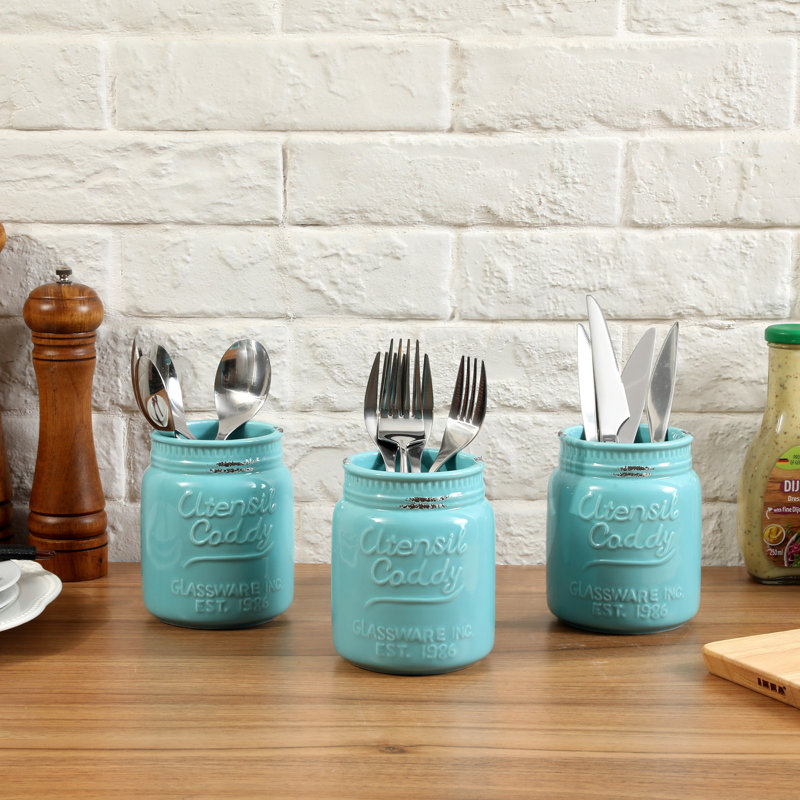 Ceramic / Porcelain Round Utensil Crock, Aqua Blue