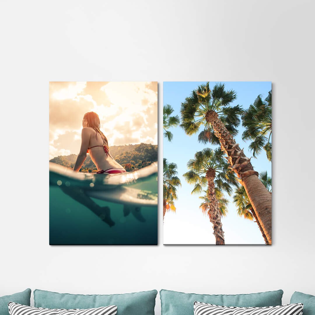 2-tlg. Leinwandbilder-Set - Fotografie „Palm Trees South Surfing Boy Woman Bikini Dreamlike Relaxing”