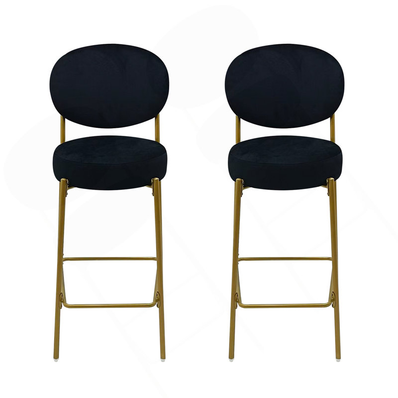 Ensemble de 2 tabourets de bar modernes en velours avec pieds en métal dorés et tabourets de comptoir ronds pour îlot de cuisine, bar personnel (noir)