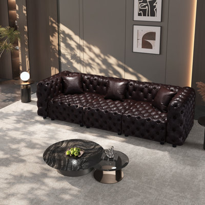 105.7" Modern 3-Seater Sofa Set, Faux Leather Upholstered Modular Sectional Couch with Handmade Button Tufted Design, 3 Pillows, Multi Combination for