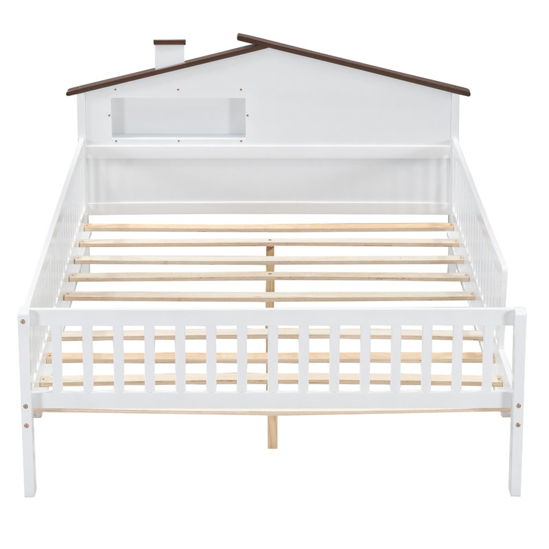 Grand lit plateforme en bois avec tête de lit en forme de maison, DEL et rangement intégré,, Blanc, Lit double