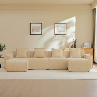 Streamlined Design Modular 4 Seat U Shape Sectional Boneless Sofa With French Edge Piping, No Assembly Required,4-Seat Sofa Couch With Throw Pillows And 2 Movable Ottomans, Velvet Fabric Light Camel