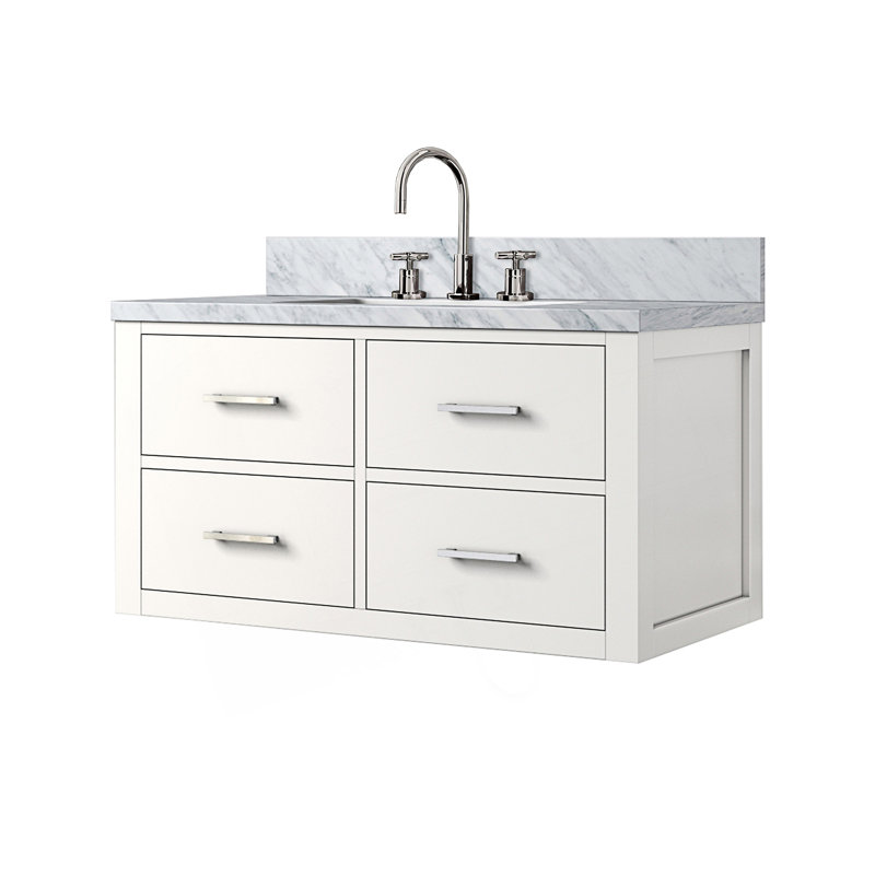Design moderne 36 po X P 22 po D Meuble-lavabo simple avec comptoir en marbre de Carrare, tiroirs et robinet, Blanc