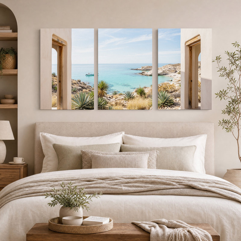 Ensemble de 3 toiles murales avec vue sur la mer turquoise à travers des arcades en pierre, 24"H x 16"W x 3pcs