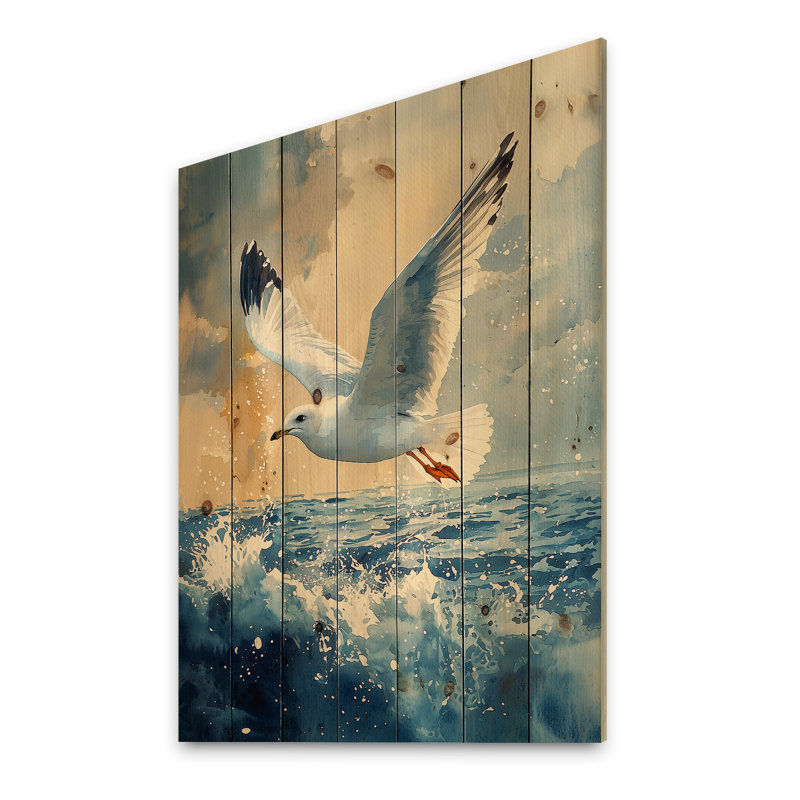 Watcher goéland au-dessus de la côte I - décoration murale oiseau en bois - sur bois de pin naturel