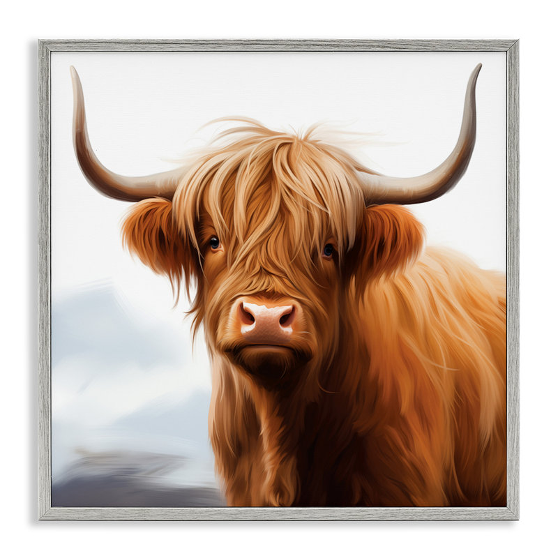 Long Horn Highland Cow Portrait Framed Giclee, design by Heidi Kuntz, 17" H x 17" W, Farmhouse Grey Framed Giclee