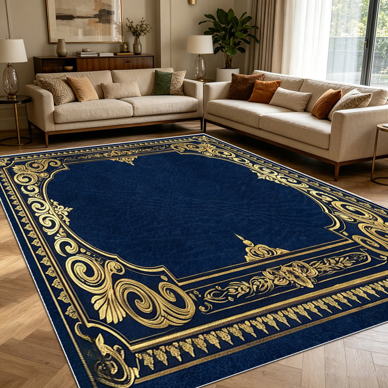 1PC Vintage Navy Blue Gold Filigree European Royal Ornate area rugs for Living Room, Soft and Comfortable, Suitable for all seasons, easy-to-maintain, machine washable Indoor floor mat, Under Table Farmhouse suitable for dining table, bedroom,