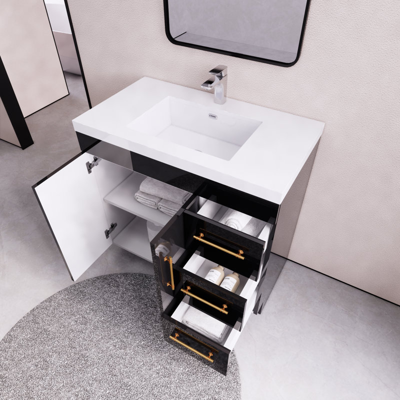 Eliza 35.43'' Single Bathroom Vanity with Acrylic Top, Glossy Black