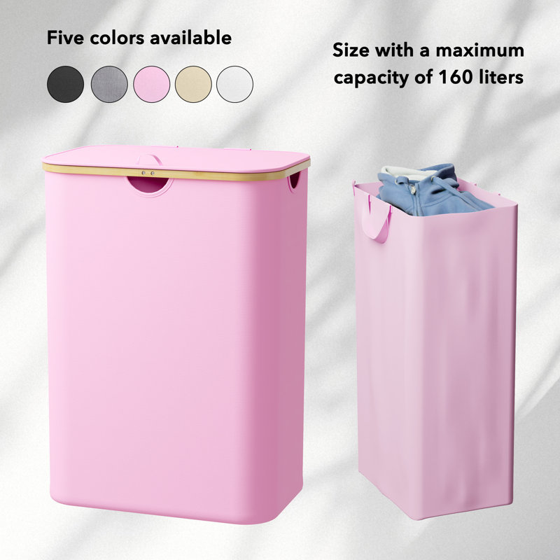 2-Section Laundry Hamper with Lid & Removable Bags, 160L Collapsible Clothes Basket with Bamboo Handles, for Bedroom, Bathroom, Dorm & Laundry Room