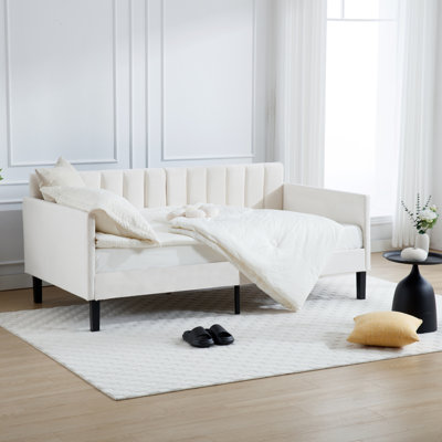 Lit de jour simple rembourré en velours beige, dossier capitonné nervuré (matelas non inclus)