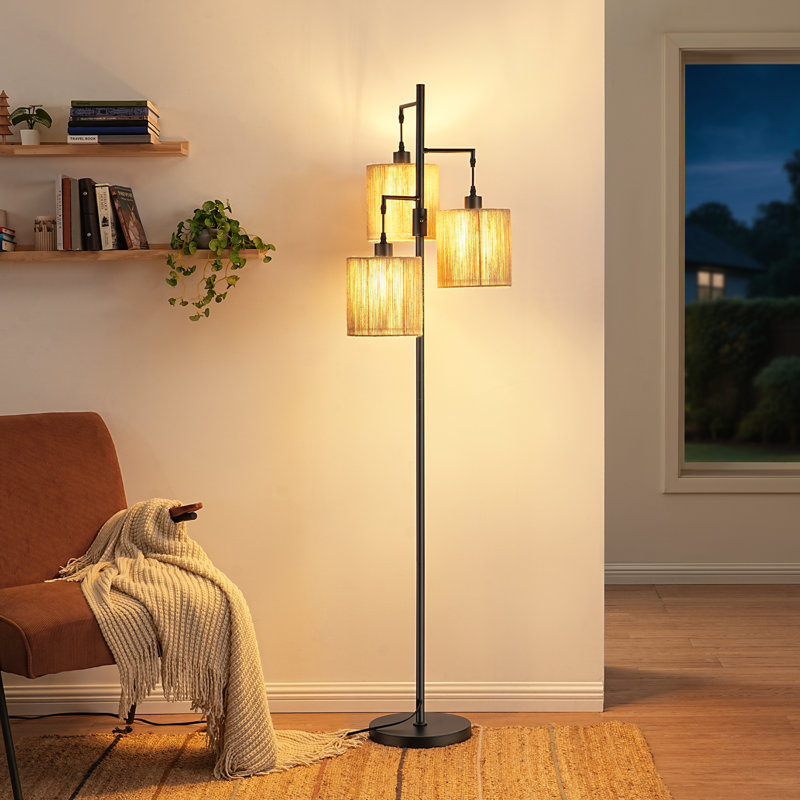 65" Rattan Tree Floor Lamp With Dimmer Switch And 3 Bulbs