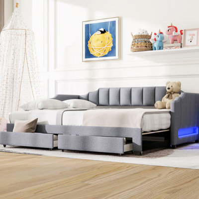 Lit de jour extensible simple TG très grand rembourré avec tiroirs de rangement à DEL, gris, convient aux différents styles de maison à intensité réglable de tiroirs gris, structure solide
